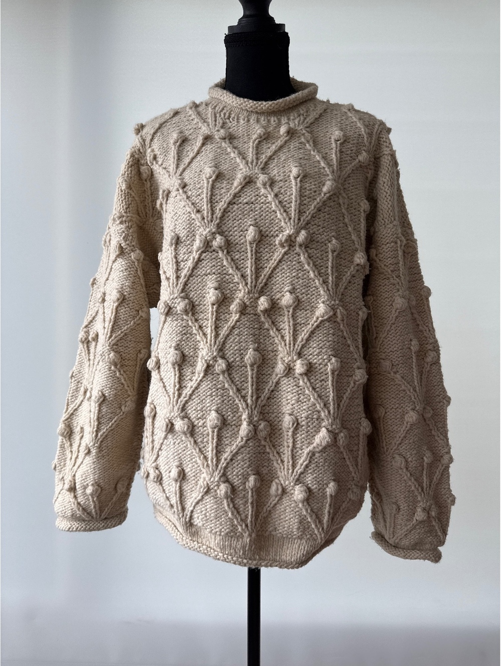 Artesania LEMA 100% Wool Bobble Cable Knit Sweater L Cream Artisan Chunky